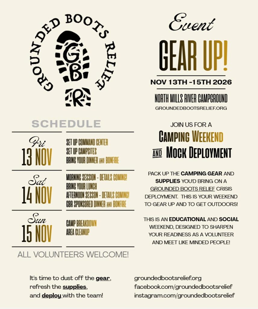 Grounded Boots Relief Gear Up Event November 13-16 2026